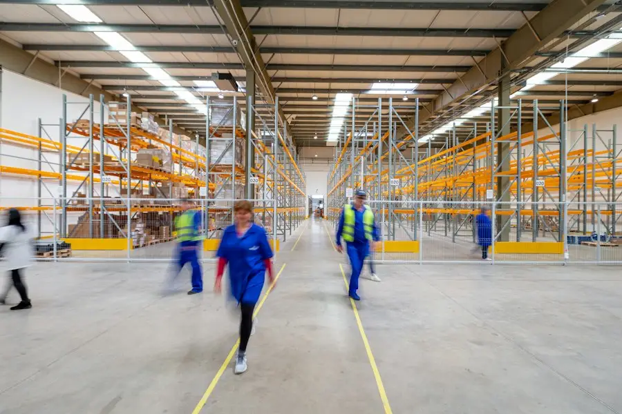 Workers in a warehouse aisle